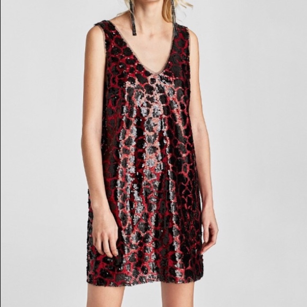 Zara Red and Black Sequin Dress